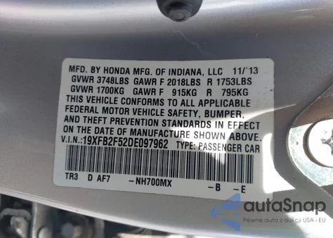 2013 Honda Civic Lx z USA, uszkodzony, nr VIN 19XFB2F52DE097962